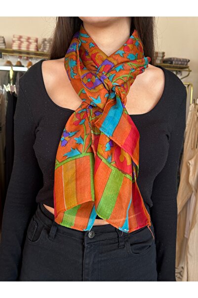 İpek Turuncu Renkli Desenli Şal&Fular