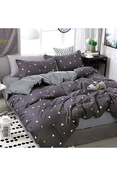 trendyhome Double Bed Bedding Set, Satin Cotton, 4 Pieces – Triangles, Gray