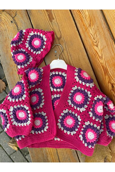 Feniks Patterned Knitted Baby Cardigan Hat Set