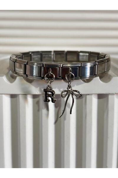 bijoux uniques سوار إيطالي من الفولاذ مع شريط مزين بحرف R