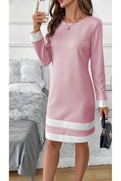 soonaksesuar فستان نسائي بأكمام طويلة وياقة دائرية وحافة تنورة تفاصيل مخططة فستان غواص قصير