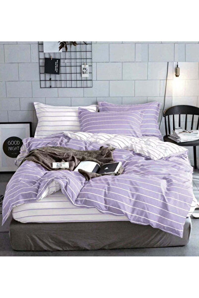 trendyhome Double Bed Linen 4-Piece Satin Cotton – White Stripes, Lilac