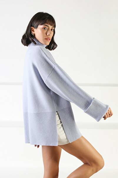 Ferraro Lilac Long Sleeve Side Slit Turtleneck Cashmere Women's Knitwear Sweater
