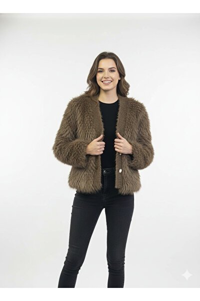 CELTMODA Women's Lined Furry Buttoned Imported Fur Cardigan