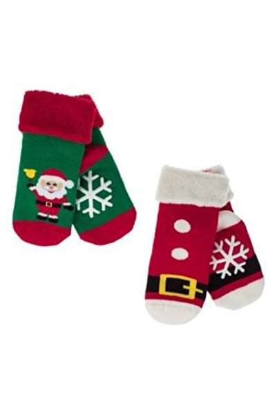 OEMN Christmas Socks Green Red Santa Anti-slip Belt for Kids - 2 Pairs
