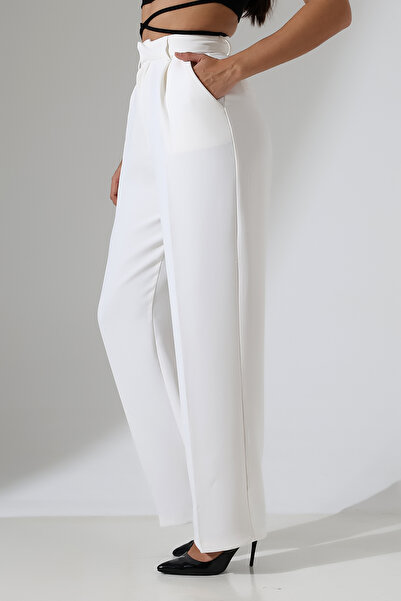 LOKADI بنطال Palazzo نسائي عالي الخصر بطيات