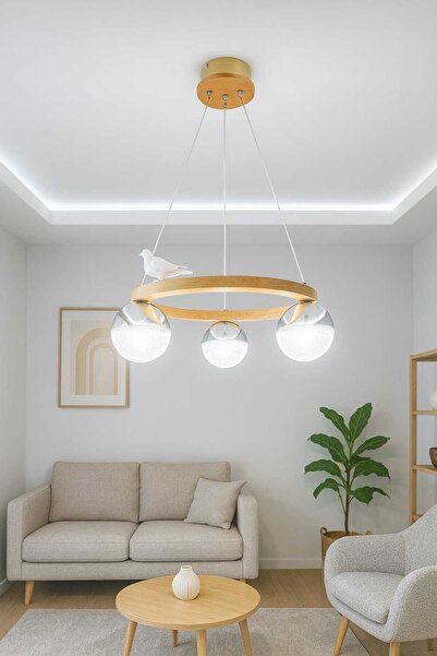 SimaAvize Wood Led 3'lü 3 ışık Renk Avize Çember