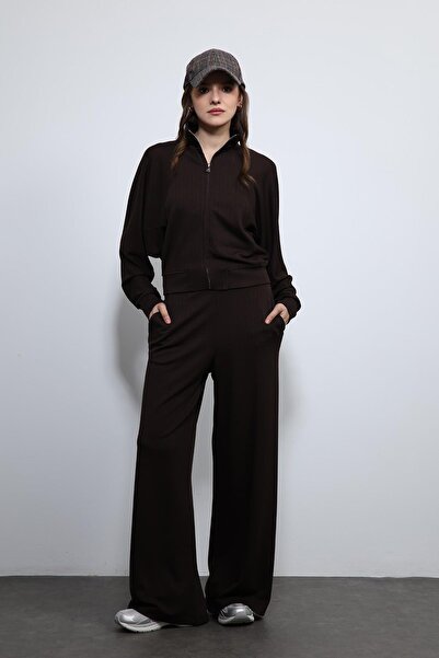 Antioch Brown Wide-Leg Striped Tracksuit Set