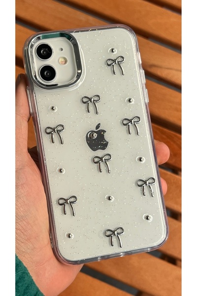 EDELFU آيفون 11 - غطاء شفاف بنمط فيونكة فضية لامعة مع بروز للكاميرا وغلاف لامع