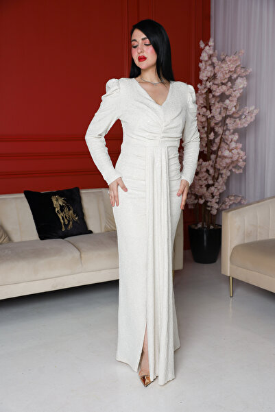 berlanty Satin evening maxi dress with sequins, puffed sleeves, and pleated details.