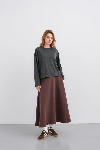 Basicpark Anthracite Women's Crew Neck Skirt Slit 100% Cotton Oversized Basic Sweatshirt