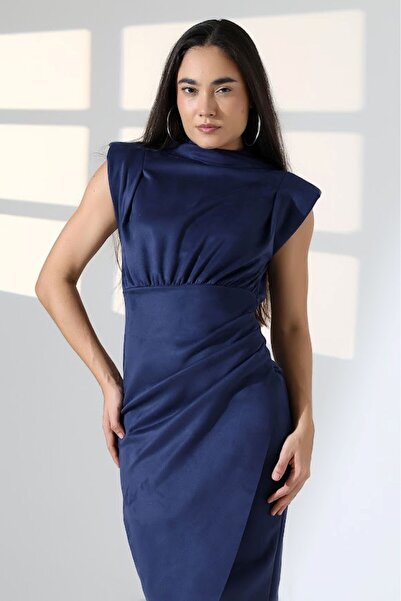 lubiti Kadın Süet Elbise/Omuz Vatkalı Drapeli Midi Boy