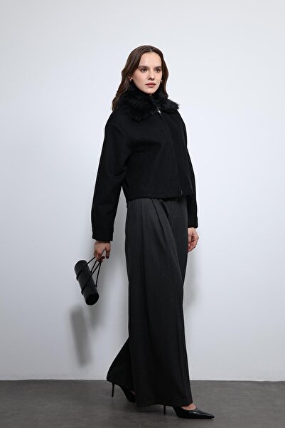 Antioch Black Wool Blend Faux Fur Collar Jacket