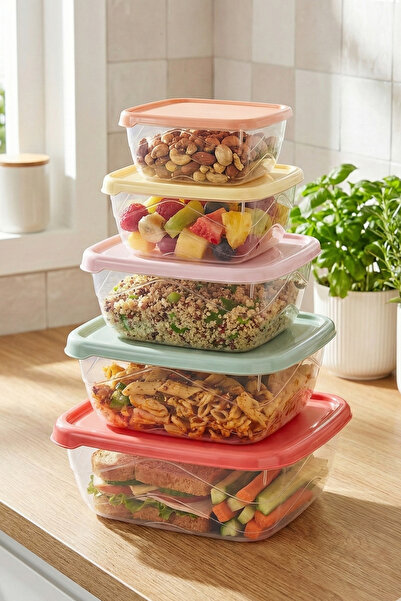 Poomy Set of 5 Square Storage Containers with Colorful Lids - Refrigerator Organizer Food Storage Box