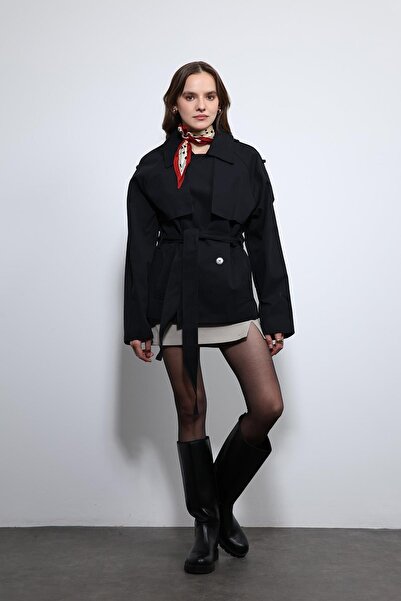 Antioch Black Belted Short Trench Coat