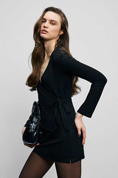 GRIMELANGE Vega women's Double-Breasted neck top wearable side lace-up ornament Striped Detail long sleeve black blouse