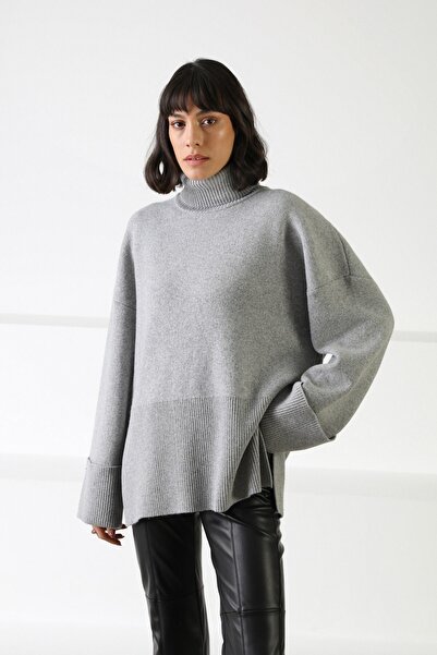 Ferraro Gray Long Sleeve Side Slit Turtleneck Cashmere Women's Knitwear Sweater