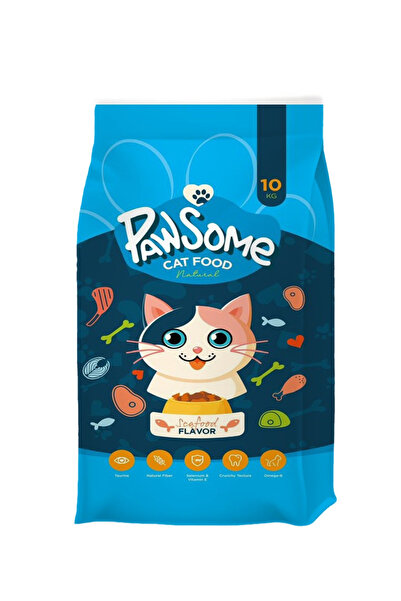 Pawsome Seafood Flavour Dry Cat Food, Natural Fiber, Taurine and Crunchy - 10Kg