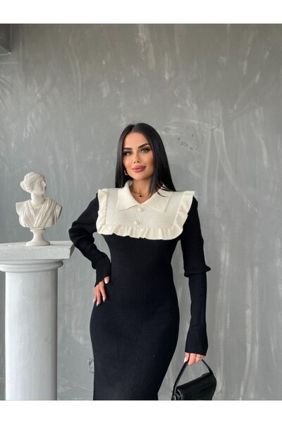 NERM KADIN YAKALI FIRFIRLI TRİKO ELBİSE