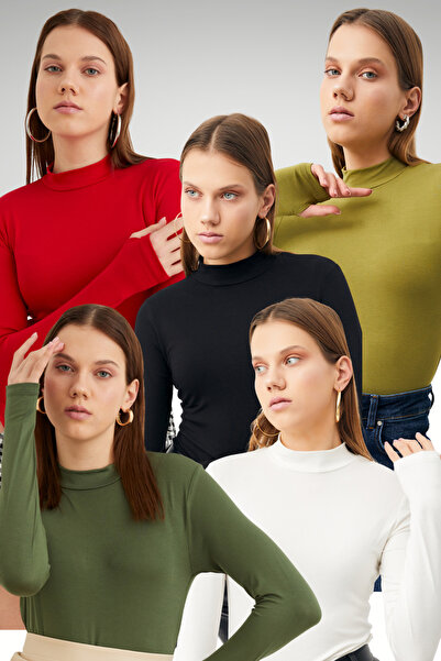 Bipantolon Women's Black White Red Oil Green Khaki 5-Piece Finger Detailed Bodysuit