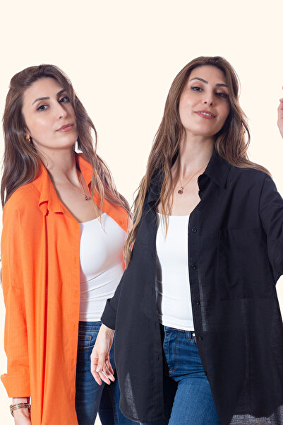 Justime قميص نسائي قصة فضفاضة من القطن والكتان باللون البرتقالي - أسود