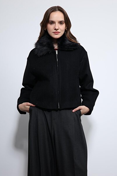 Antioch Siyah Yün Karışımlı Suni Kürk Yaka Ceket