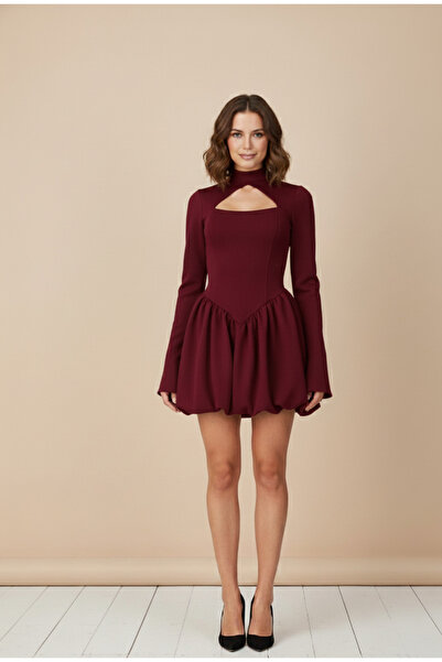 Elif Naz Moda Evi bordo korsajlı balon etekli mini elbise