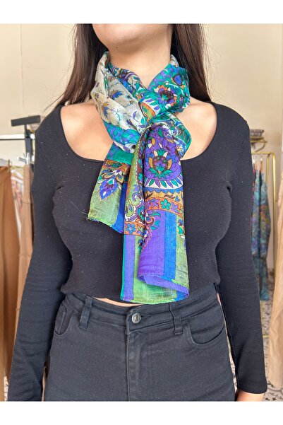 İpek Mor Lacivert Renkli Desenli Şal&Fular