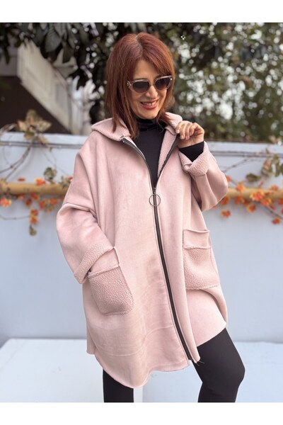 DenizEge Women's Italian K Hooded Nubuck Coat Powder