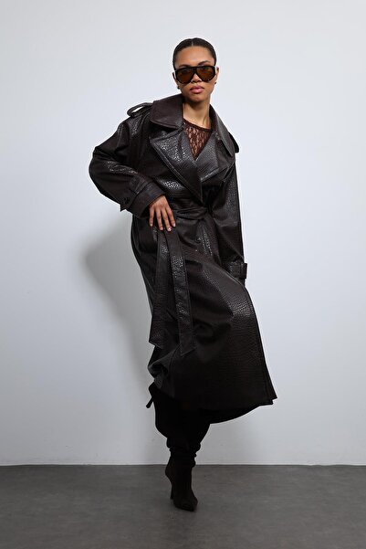 Antioch Brown Textured Faux Leather Trench Coat