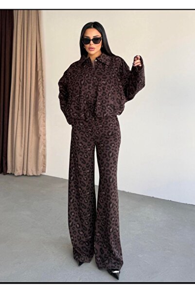 EGZOTİK ASORTİK Leopard Patterned Bomber Model Jacket Pants Set