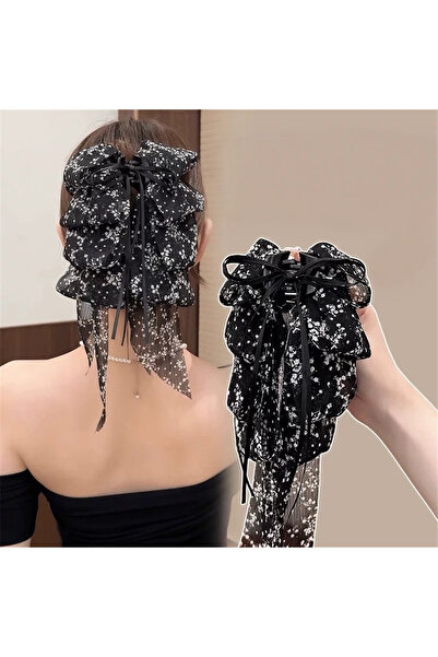Pelin Aksesuar Black and white floral patterned layered bow hair clip
