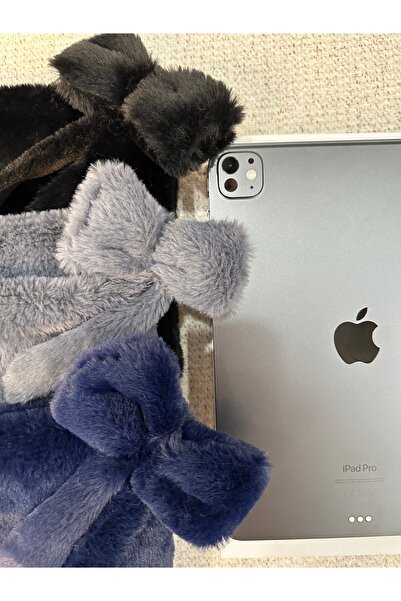 MUTE BAG Plush Tablet Bag / Gray Plush Tablet Case with Bow Charm 11'' - 12'' Inch (30*22)