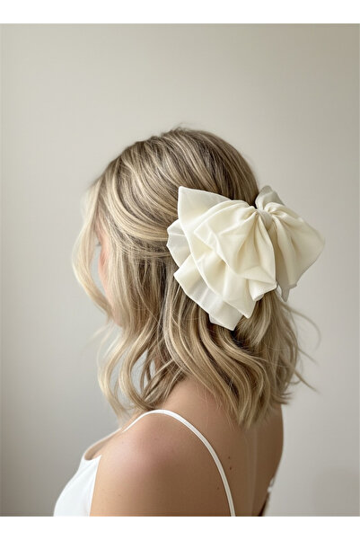 Pelin Aksesuar Cream White Multi-Layered Large Satin Bow Buckle