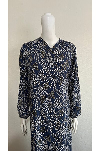 GİZGİYİM Blue Viscose Patterned Side Tie Prayer Dress Plus Size