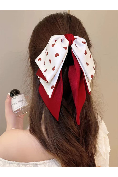 Pelin Aksesuar White Heart Patterned and Red Ribbon Bow Buckle