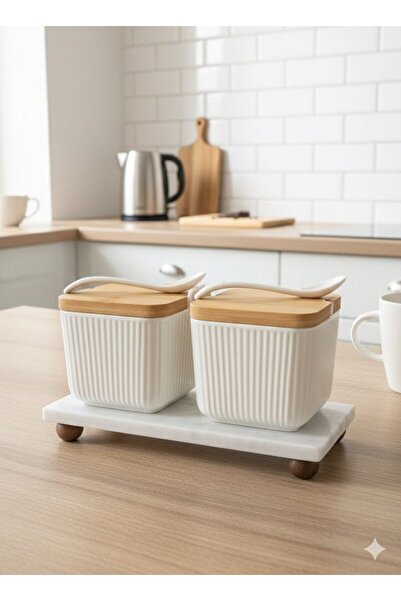 Qerhome Salt and Pepper Shakers with Bamboo Lid and Porcelain Spoon, 2-Piece Marble Stand, 300 ml (Cmr)