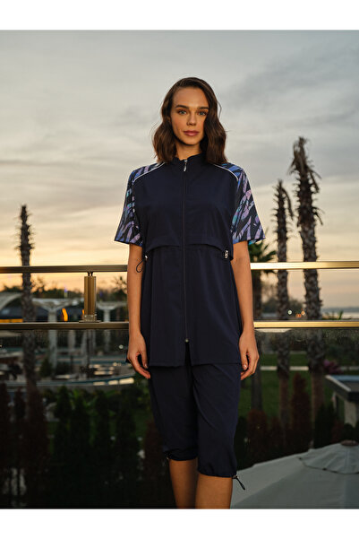 YUYİ Tesmay Sports Lycra Parachute Fabric Half Sleeve Front Zipper Women's Swimsuit