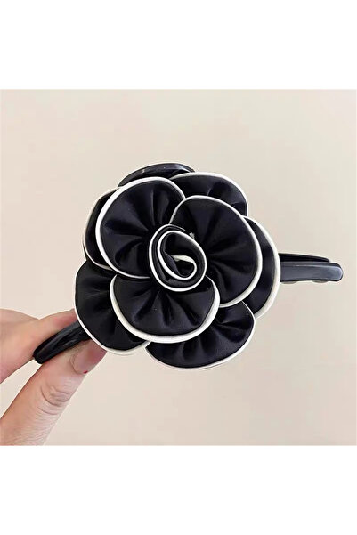 Pelin Aksesuar Black and White Striped Detail Camellia Flower Latch Buckle