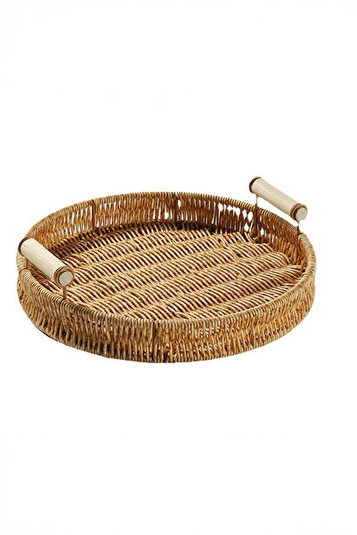 Home Ravera Rattan Decorative Presentation Serving Tray 36 cm Round Tray with Wooden Handle