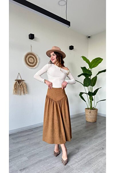 modadagiyim Women's Suede Ruched Detail Very Stylish Midi Skirt