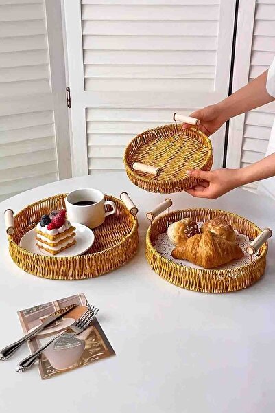Home Ravera Rattan Decorative Presentation Serving Tray Set of 3 Round Tray with Wooden Handle