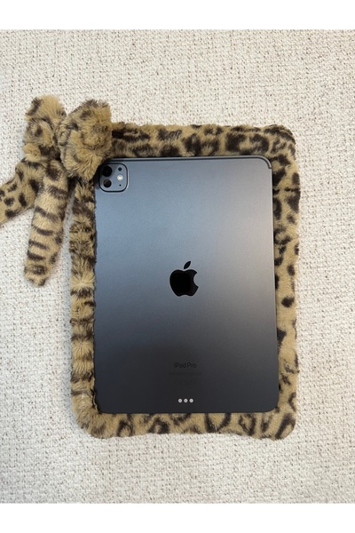 MUTE BAG Plush Tablet Bag / Leopard Plush Tablet Case with Bow Charm 11'' - 12'' Inch (30*22)