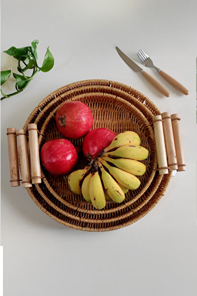 Home Ravera Rattan Decorative Presentation Serving Tray Set of 3 Round Tray with Wooden Handle