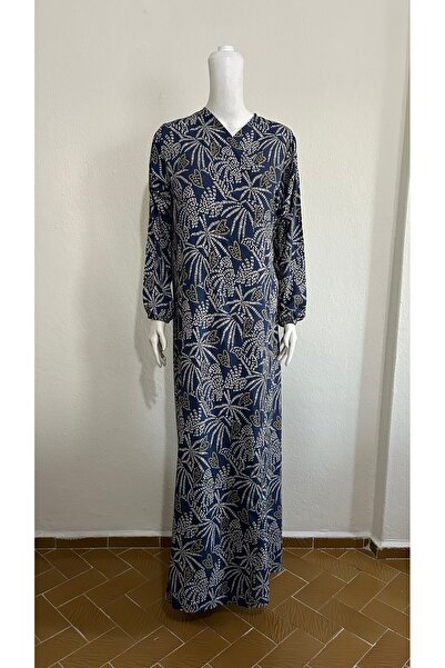 GİZGİYİM Blue Viscose Patterned Side Tie Prayer Dress Plus Size