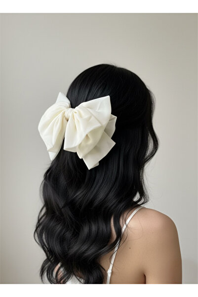 Pelin Aksesuar Cream White Multi-Layered Large Satin Bow Buckle