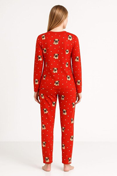 Pemilo Women's 0322 Long Sleeve Patterned Suede Pajama Set Red