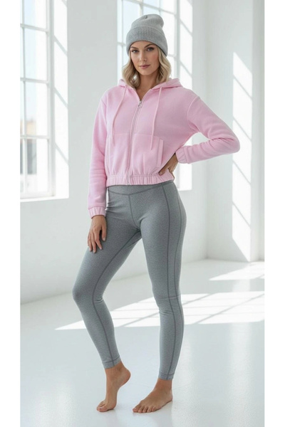 hibiscus 3-thread Fleece-Lined pink pat8590 zip-up hoodie crop top