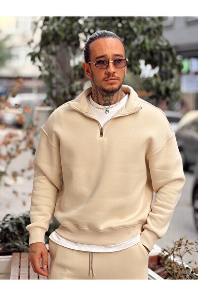 manch collection Fleece-Lined Zippered Collar Top and Bottom Set Cream