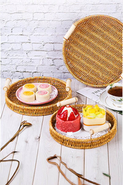 Home Ravera Rattan Decorative Presentation Serving Tray Set of 3 Round Tray with Wooden Handle
